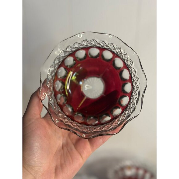 VTG Westmoreland Ruby Red Glass Compote Dishes Thumbprint Crimped Edge, Set of 6 - Picture 4 of 9
